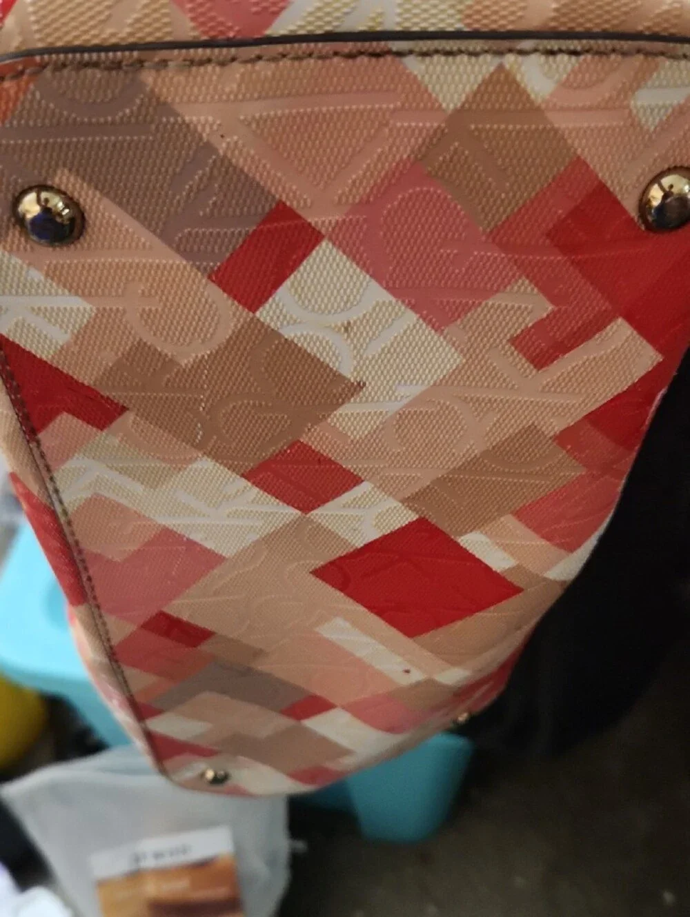 Calvin Klein Beige & Red Geometric Chain-Handle Tote